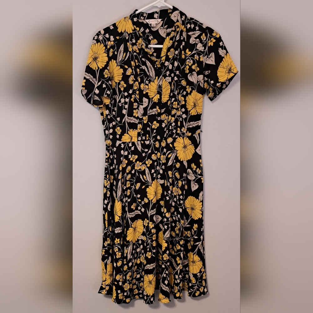Nanette Lepore black yellow chiffon floral poppy print button front dress 2 XS